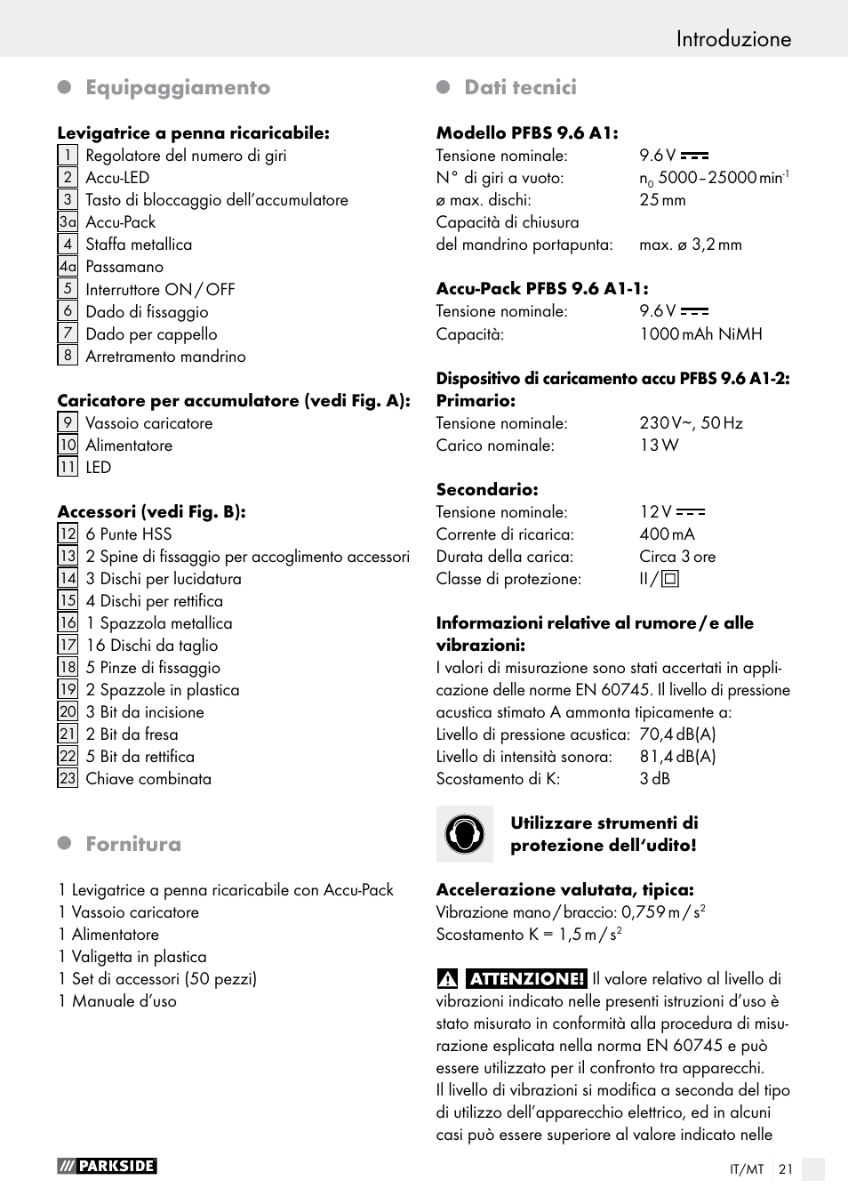 Introduzione, Equipaggiamento, Fornitura | Dati tecnici | Parkside PFBS 9.6 A1 User Manual | Page 21 / 75
