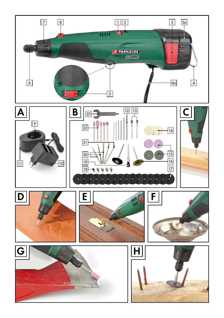 De f g h | Parkside PFBS 9.6 A1 User Manual | Page 3 / 75