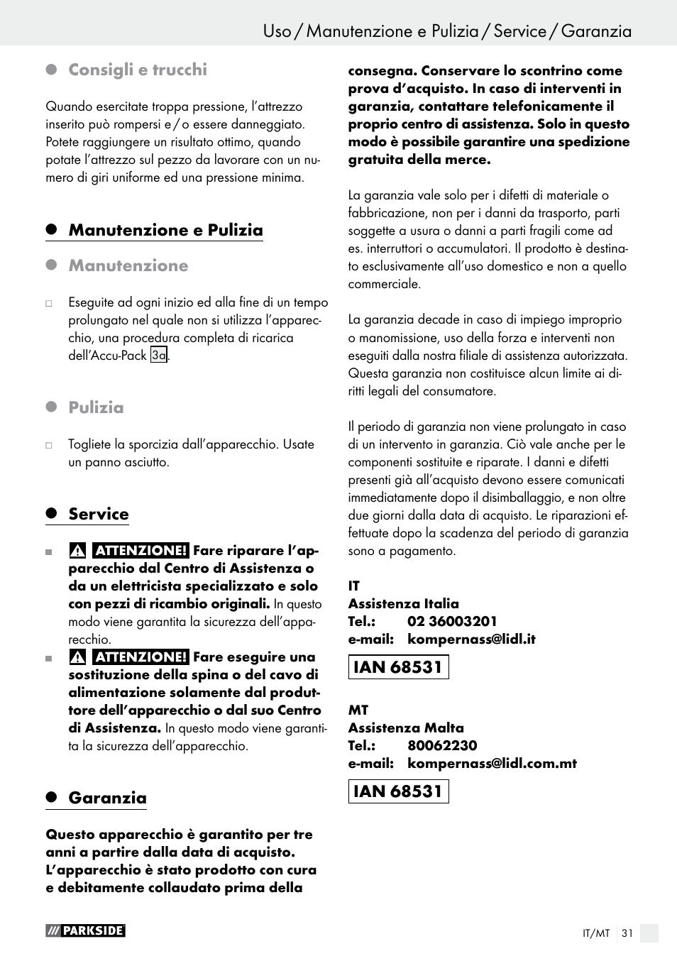 Consigli e trucchi, Manutenzione e pulizia, Manutenzione | Pulizia, Service, Garanzia | Parkside PFBS 9.6 A1 User Manual | Page 31 / 75