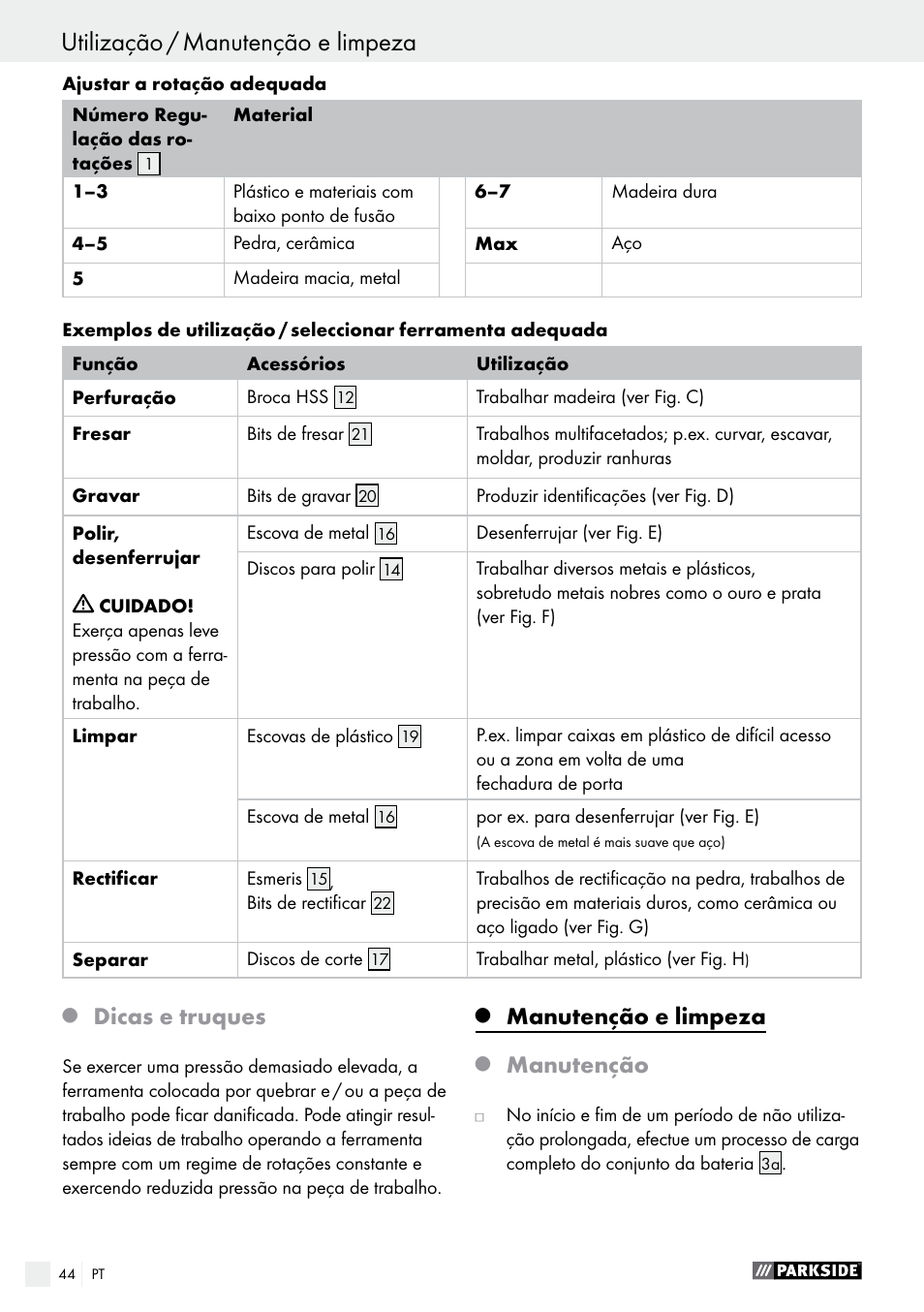 Dicas e truques, Manutenção e limpeza, Manutenção | Parkside PFBS 9.6 A1 User Manual | Page 44 / 75