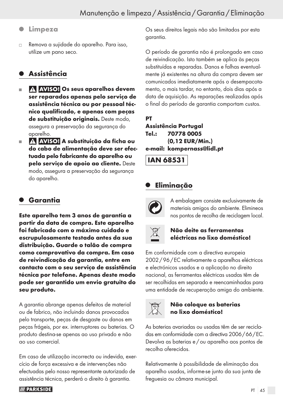 Limpeza, Assistência, Garantia | Eliminação | Parkside PFBS 9.6 A1 User Manual | Page 45 / 75
