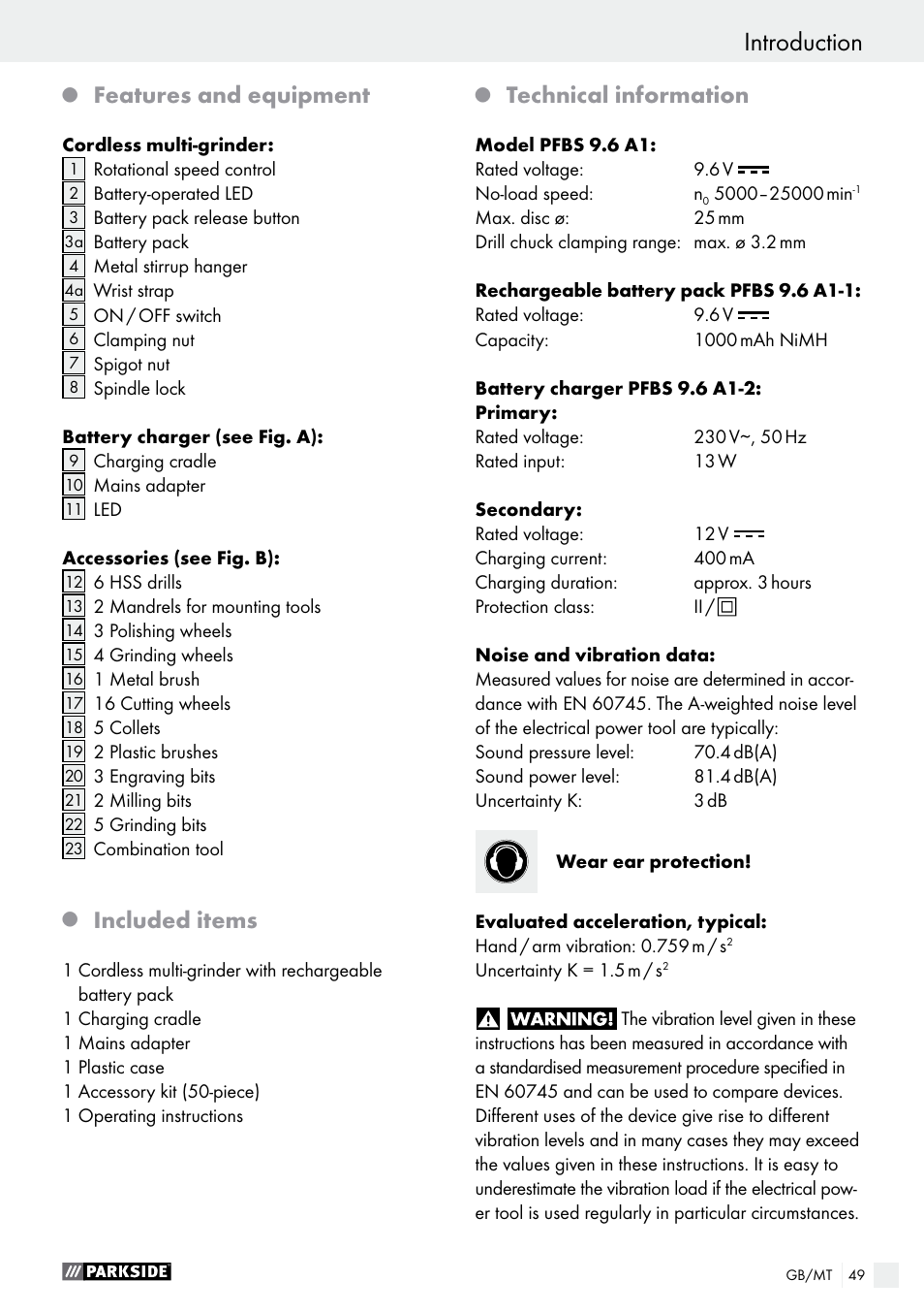 Introduction, Features and equipment, Included items | Technical information | Parkside PFBS 9.6 A1 User Manual | Page 49 / 75
