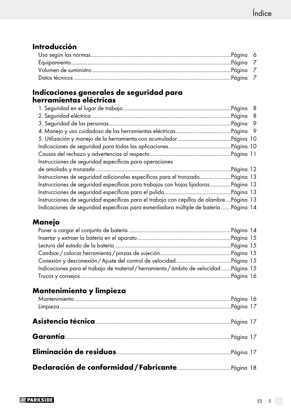 Índice | Parkside PFBS 9.6 A1 User Manual | Page 5 / 75