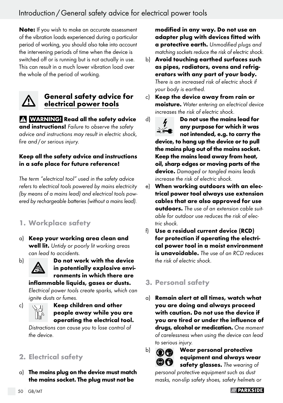 General safety advice for electrical power tools, Workplace safety, Electrical safety | Personal safety | Parkside PFBS 9.6 A1 User Manual | Page 50 / 75