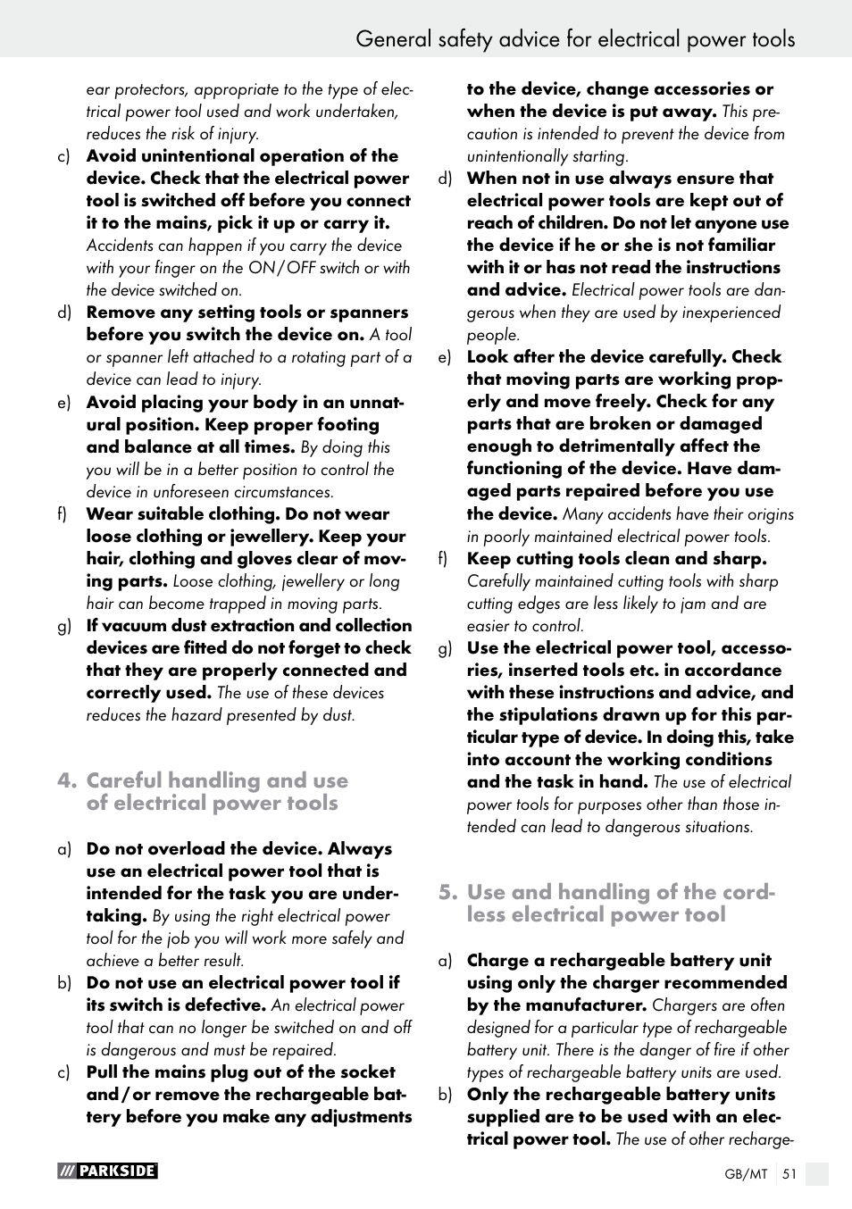 Careful handling and use of electrical power tools | Parkside PFBS 9.6 A1 User Manual | Page 51 / 75