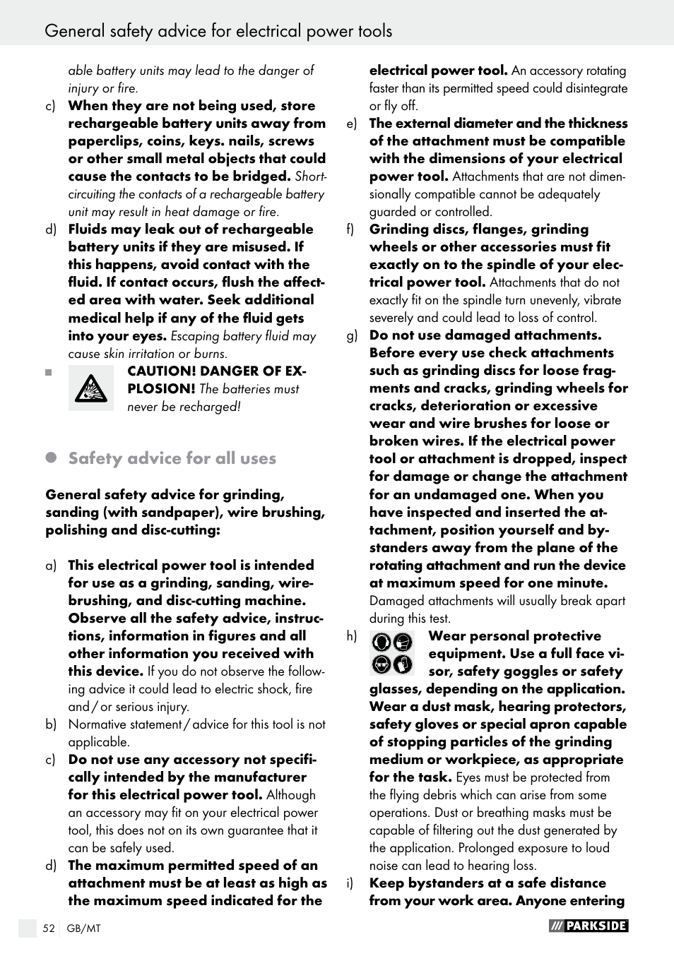 General safety advice for electrical power tools, Safety advice for all uses | Parkside PFBS 9.6 A1 User Manual | Page 52 / 75
