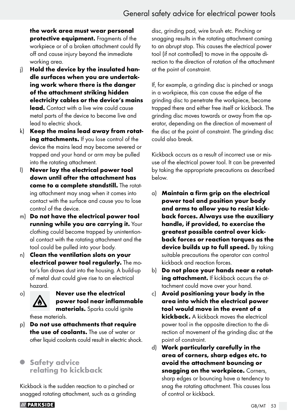 General safety advice for electrical power tools, Safety advice relating to kickback | Parkside PFBS 9.6 A1 User Manual | Page 53 / 75