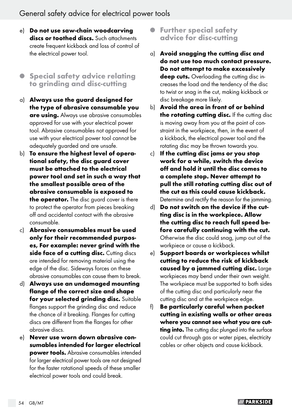 General safety advice for electrical power tools, Further special safety advice for disc-cutting | Parkside PFBS 9.6 A1 User Manual | Page 54 / 75