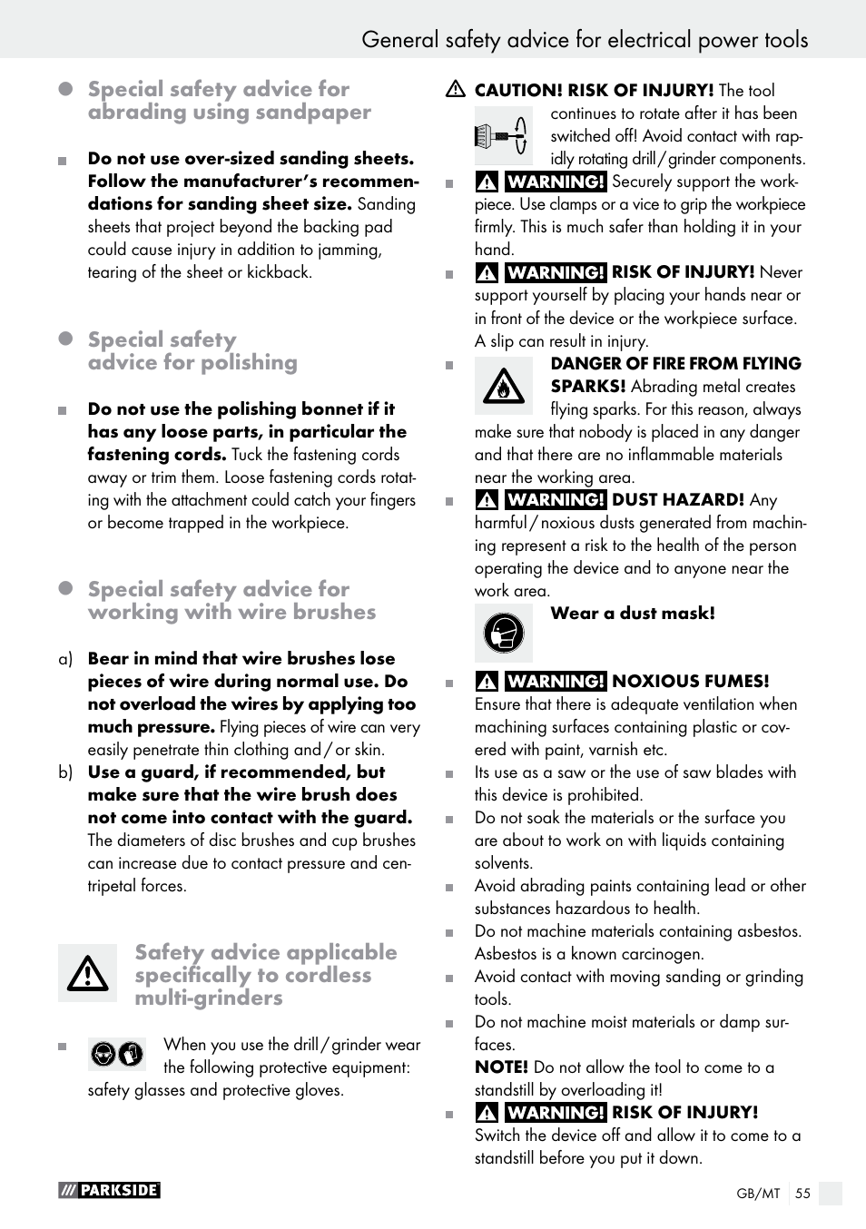 General safety advice for electrical power tools, Special safety advice for abrading using sandpaper, Special safety advice for polishing | Parkside PFBS 9.6 A1 User Manual | Page 55 / 75