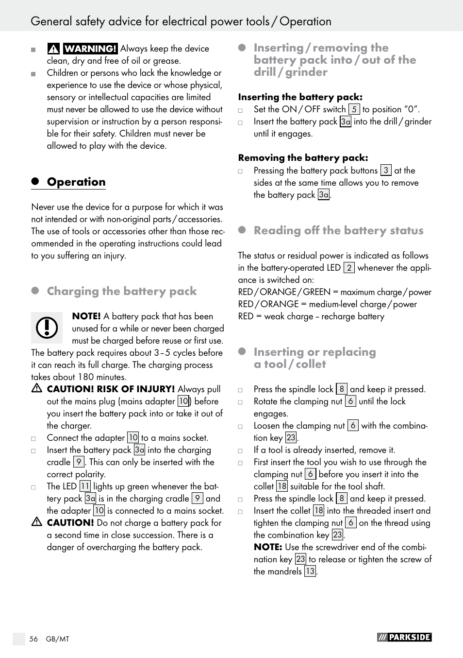 Operation, Charging the battery pack, Reading off the battery status | Inserting or replacing a tool / collet | Parkside PFBS 9.6 A1 User Manual | Page 56 / 75