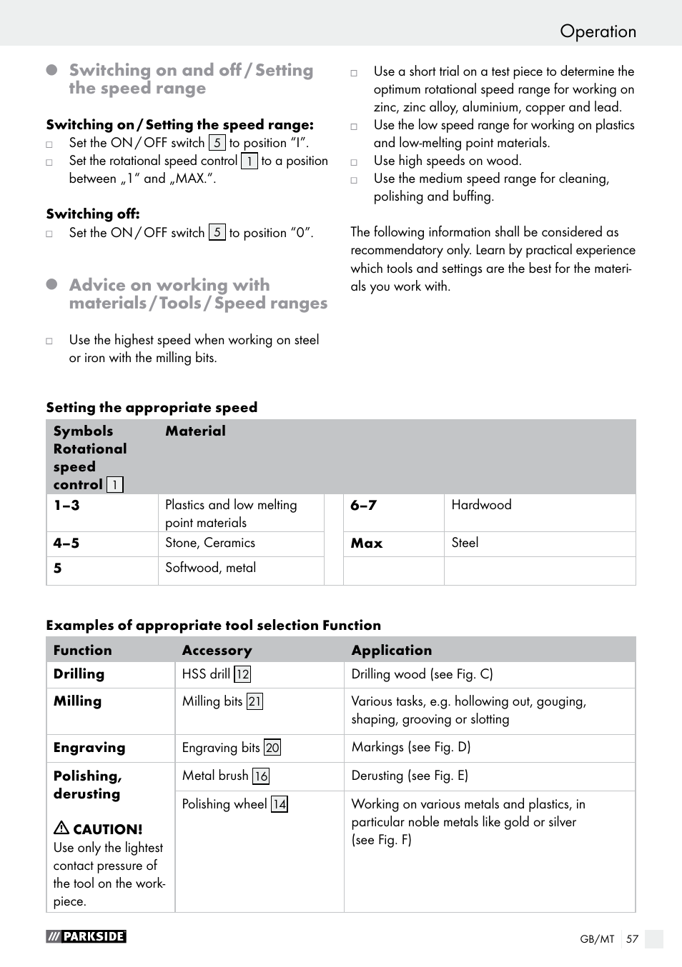 Switching on and off / setting the speed range | Parkside PFBS 9.6 A1 User Manual | Page 57 / 75