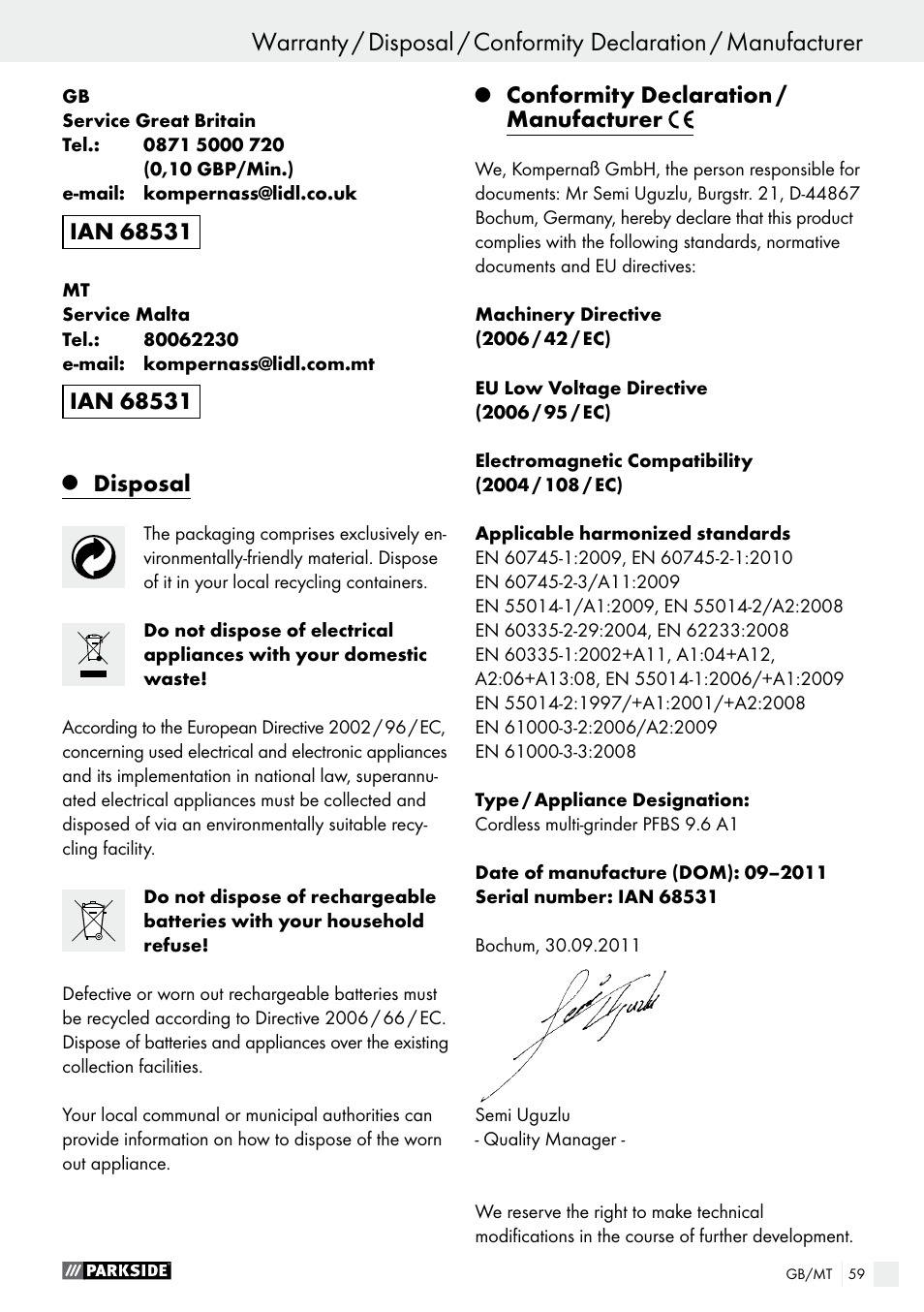 Disposal, Conformity declaration / manufacturer | Parkside PFBS 9.6 A1 User Manual | Page 59 / 75
