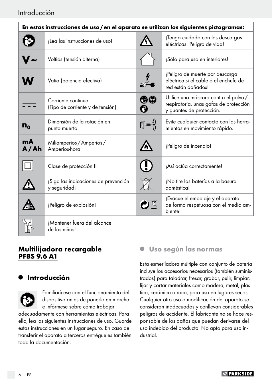Introducción | Parkside PFBS 9.6 A1 User Manual | Page 6 / 75