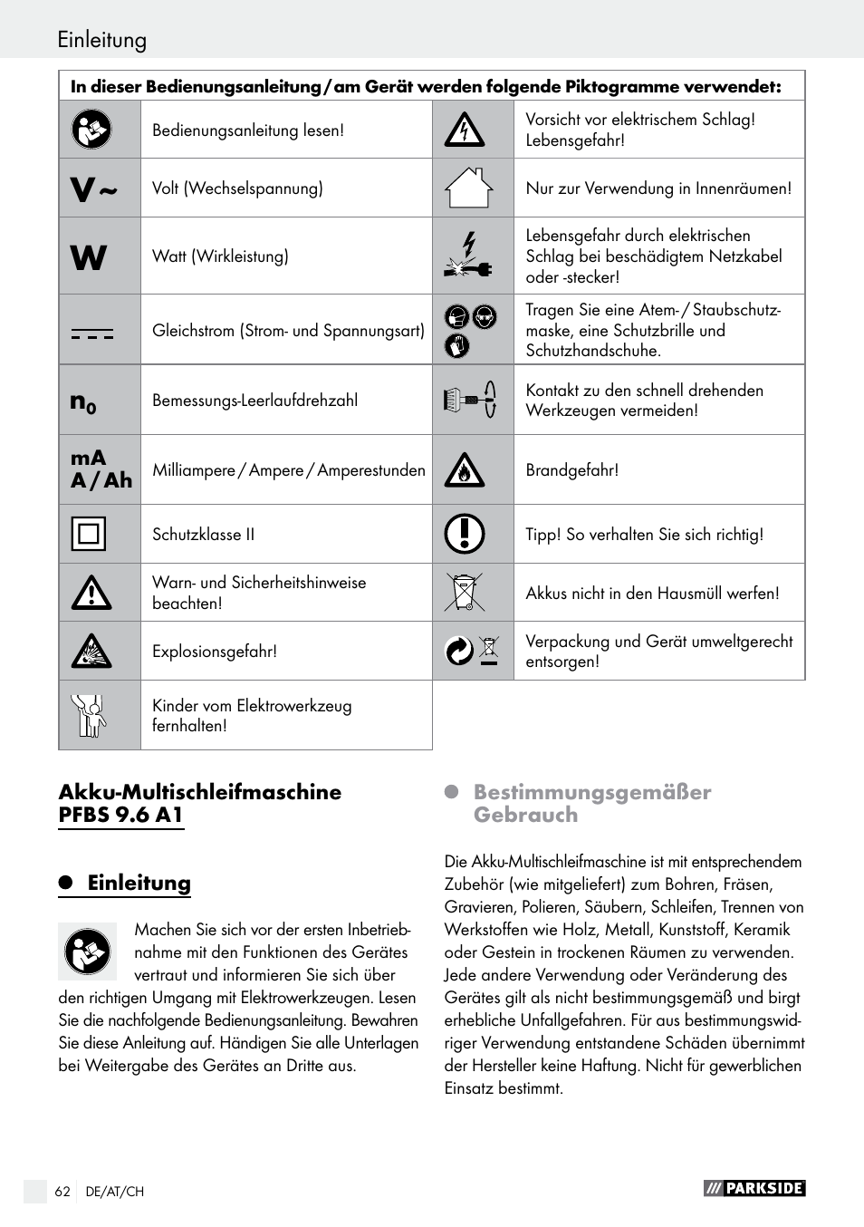 Einleitung | Parkside PFBS 9.6 A1 User Manual | Page 62 / 75