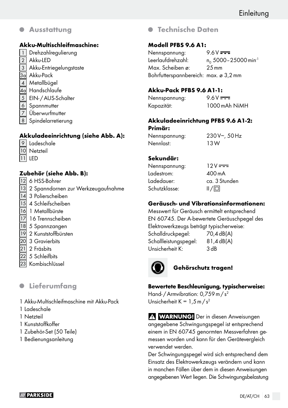 Einleitung, Ausstattung, Lieferumfang | Technische daten | Parkside PFBS 9.6 A1 User Manual | Page 63 / 75