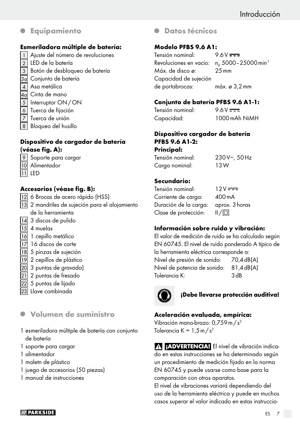 Introducción, Equipamiento, Volumen de suministro | Datos técnicos | Parkside PFBS 9.6 A1 User Manual | Page 7 / 75
