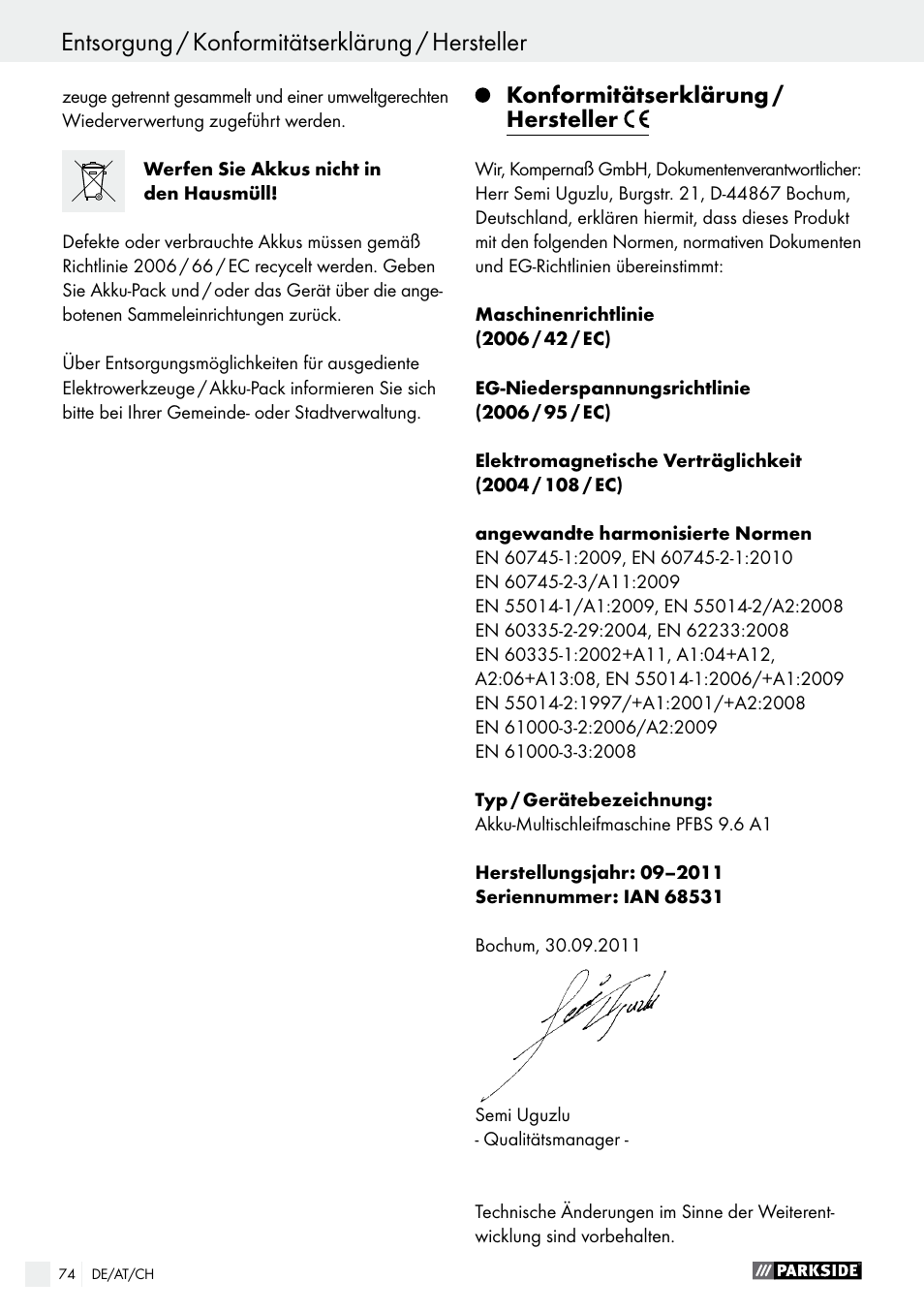 Entsorgung / konformitätserklärung / hersteller, Konformitätserklärung / hersteller | Parkside PFBS 9.6 A1 User Manual | Page 74 / 75