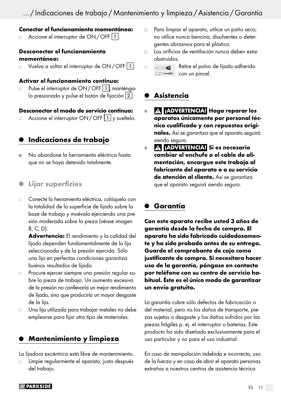 Indicaciones de trabajo, Lijar superficies, Mantenimiento y limpieza | Asistencia, Garantía | Parkside PEXS 270 A1 User Manual | Page 11 / 46