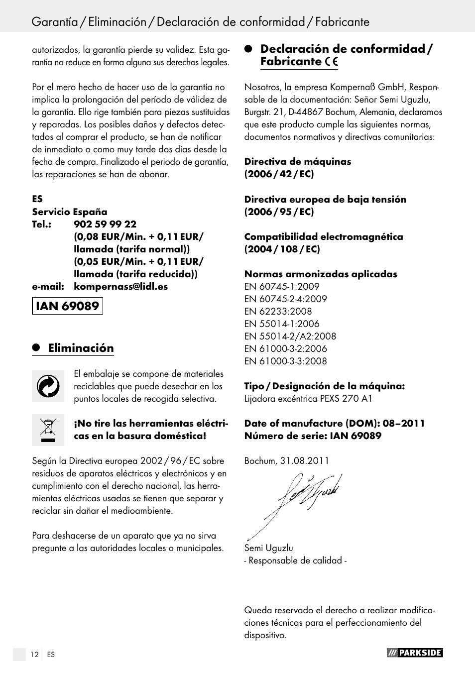 Eliminación, Declaración de conformidad / fabricante | Parkside PEXS 270 A1 User Manual | Page 12 / 46