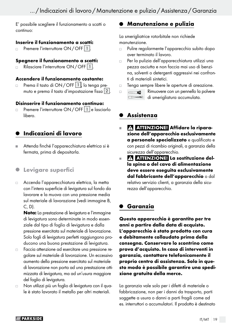 Indicazioni di lavoro, Levigare superfici, Manutenzione e pulizia | Assistenza, Garanzia | Parkside PEXS 270 A1 User Manual | Page 19 / 46