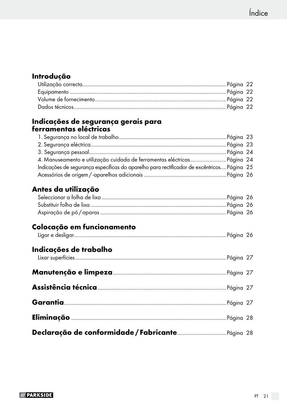 Índice | Parkside PEXS 270 A1 User Manual | Page 21 / 46