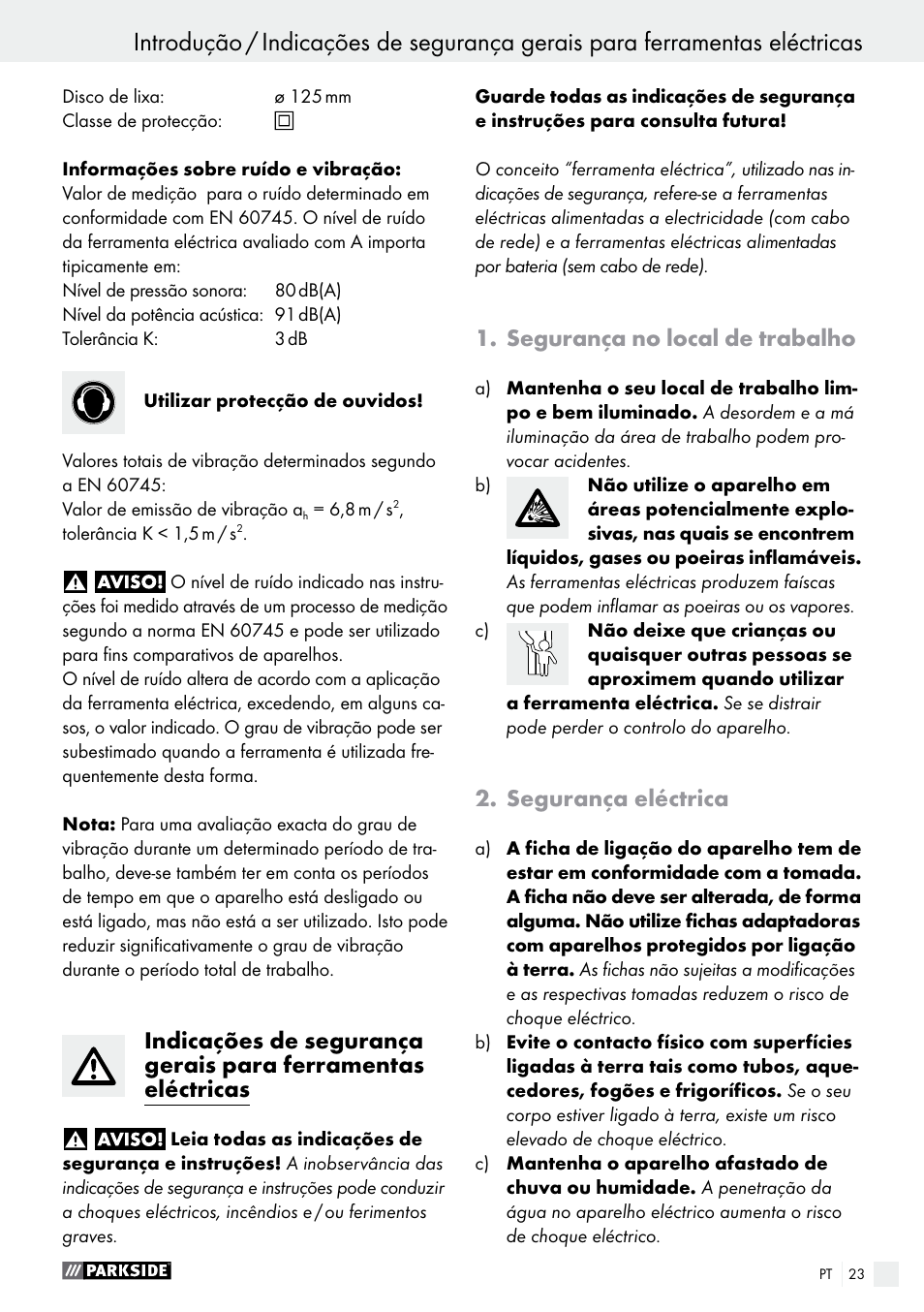 Segurança no local de trabalho, Segurança eléctrica | Parkside PEXS 270 A1 User Manual | Page 23 / 46