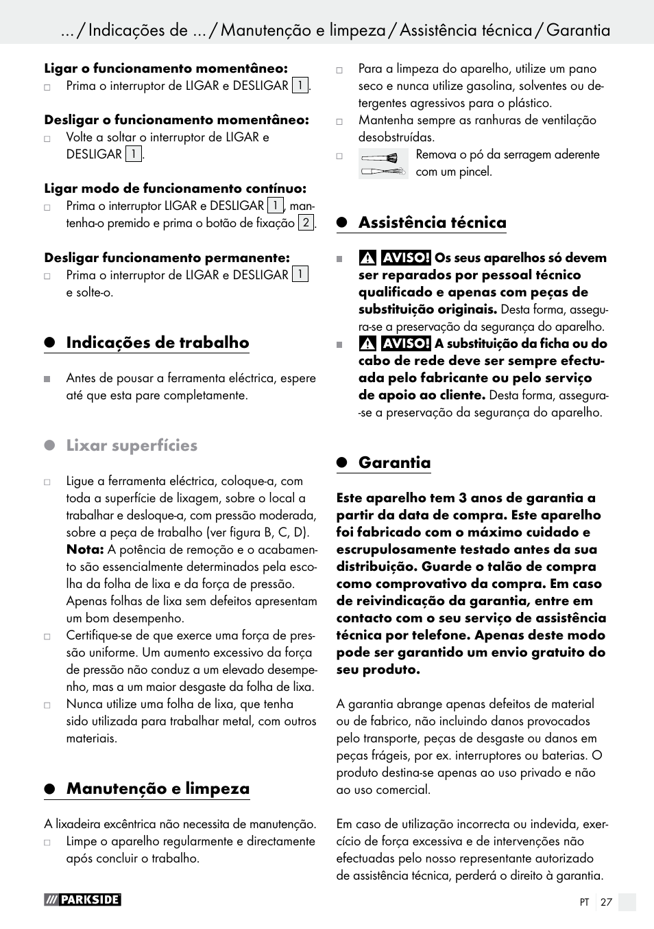 Indicações de trabalho, Lixar superfícies, Manutenção e limpeza | Assistência técnica, Garantia | Parkside PEXS 270 A1 User Manual | Page 27 / 46