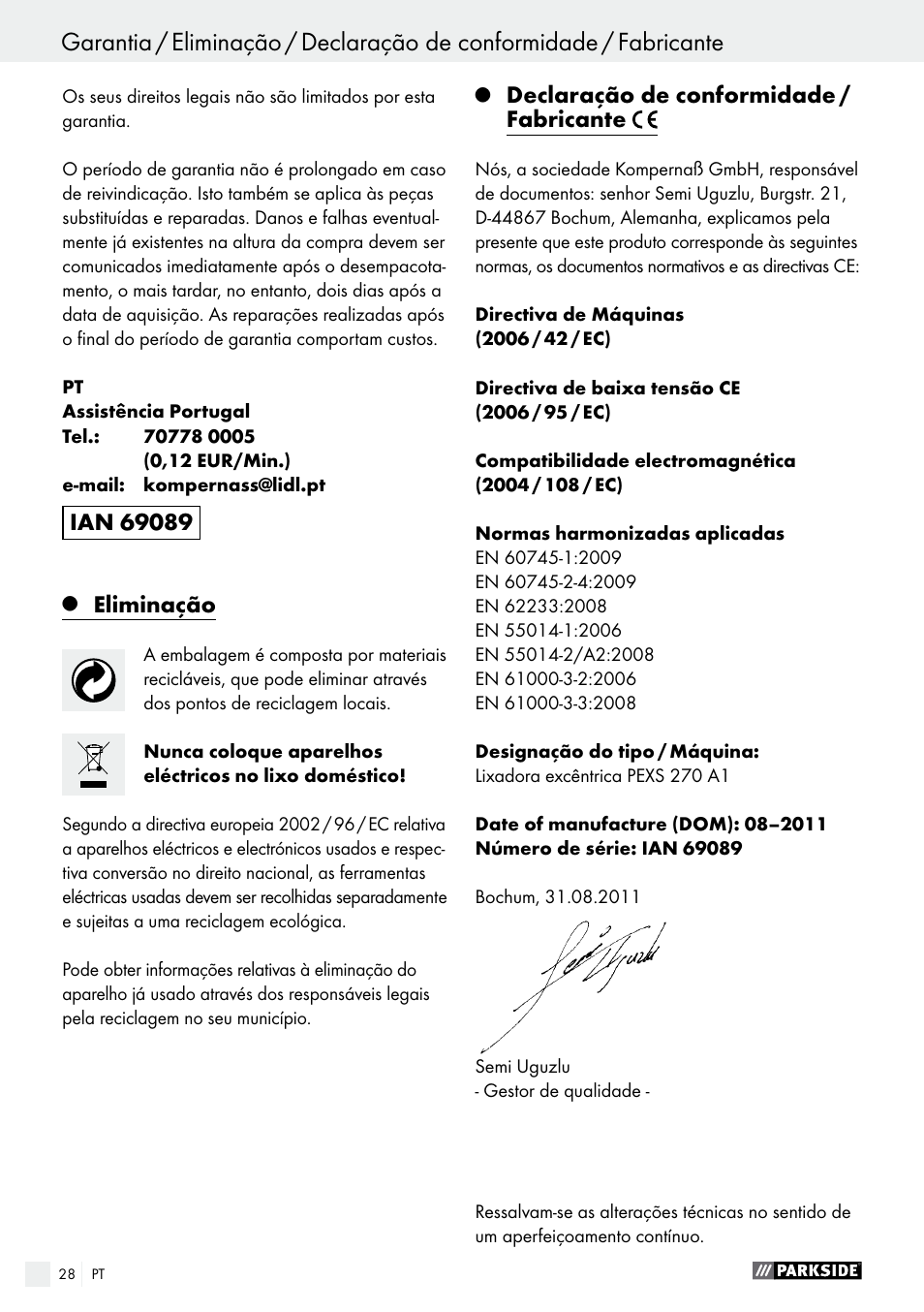 Eliminação, Declaração de conformidade / fabricante | Parkside PEXS 270 A1 User Manual | Page 28 / 46