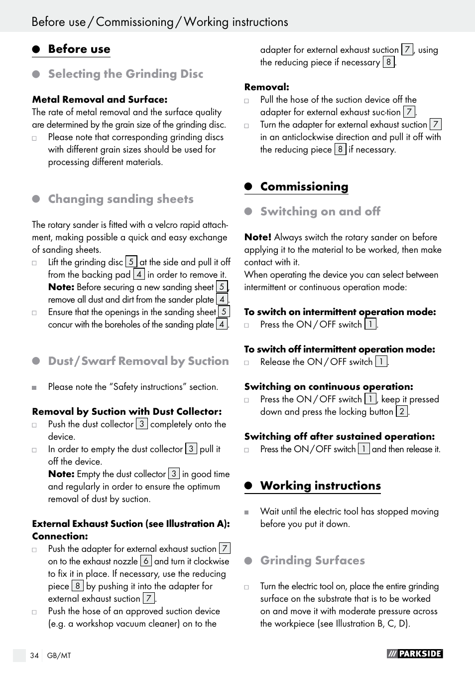Before use / commissioning / working instructions, Before use, Selecting the grinding disc | Changing sanding sheets, Dust / swarf removal by suction, Commissioning, Switching on and off, Working instructions, Grinding surfaces | Parkside PEXS 270 A1 User Manual | Page 34 / 46