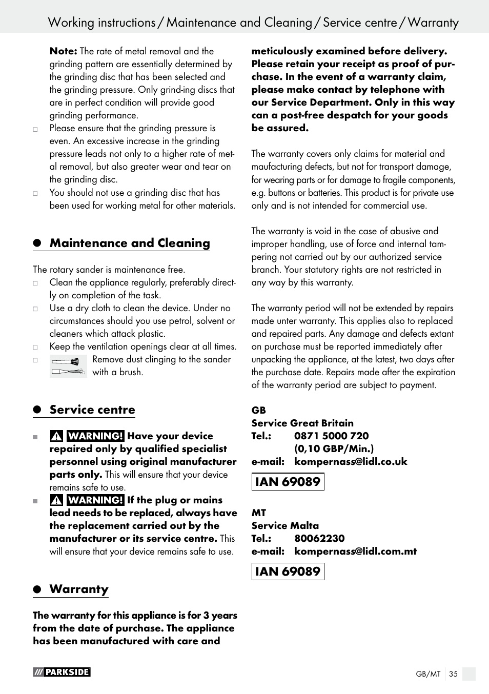 Maintenance and cleaning, Service centre, Warranty | Parkside PEXS 270 A1 User Manual | Page 35 / 46