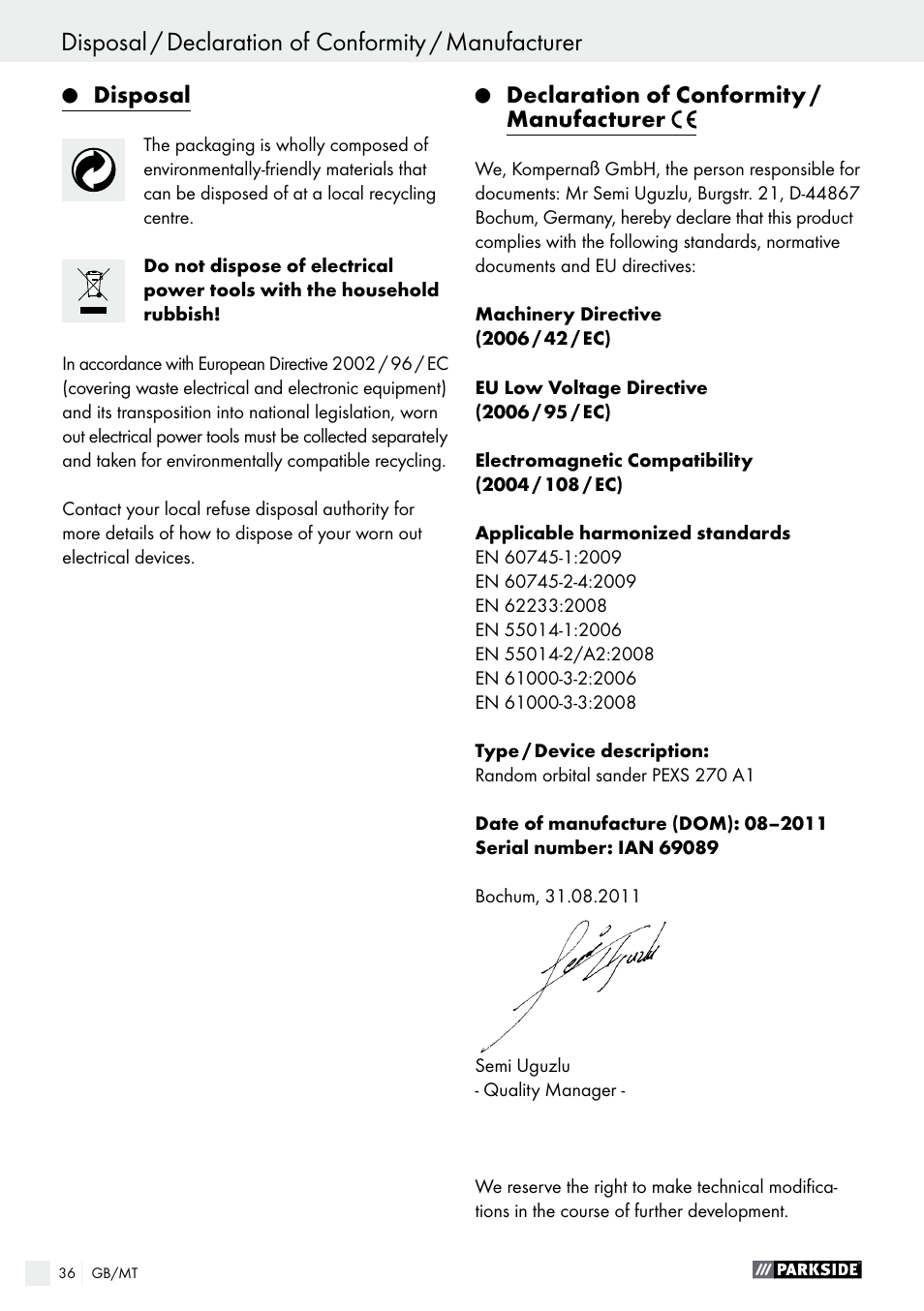 Disposal, Declaration of conformity / manufacturer | Parkside PEXS 270 A1 User Manual | Page 36 / 46