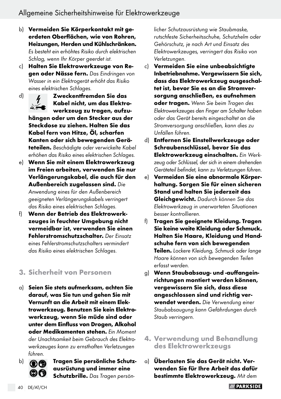 Sicherheit von personen, Verwendung und behandlung des elektrowerkzeugs | Parkside PEXS 270 A1 User Manual | Page 40 / 46