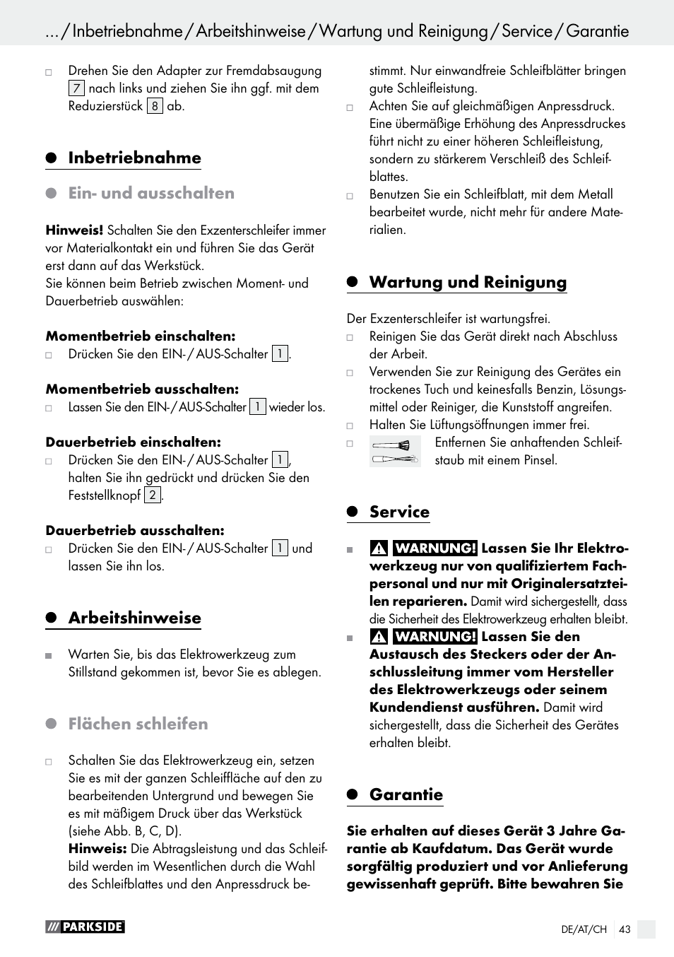 Inbetriebnahme, Ein- und ausschalten, Arbeitshinweise | Flächen schleifen, Wartung und reinigung, Service, Garantie | Parkside PEXS 270 A1 User Manual | Page 43 / 46