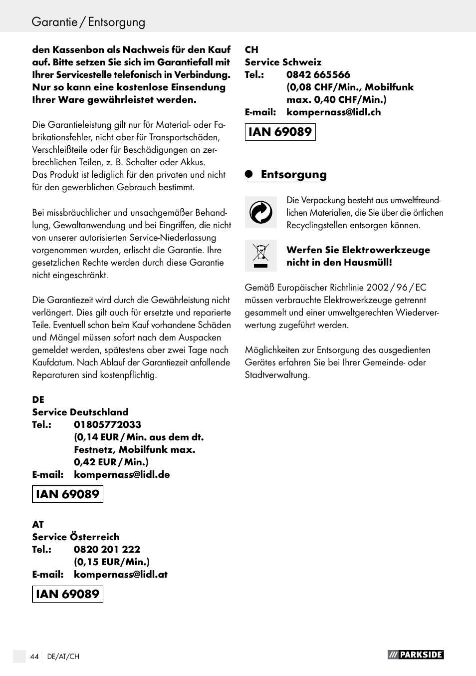 Garantie / entsorgung, Entsorgung | Parkside PEXS 270 A1 User Manual | Page 44 / 46