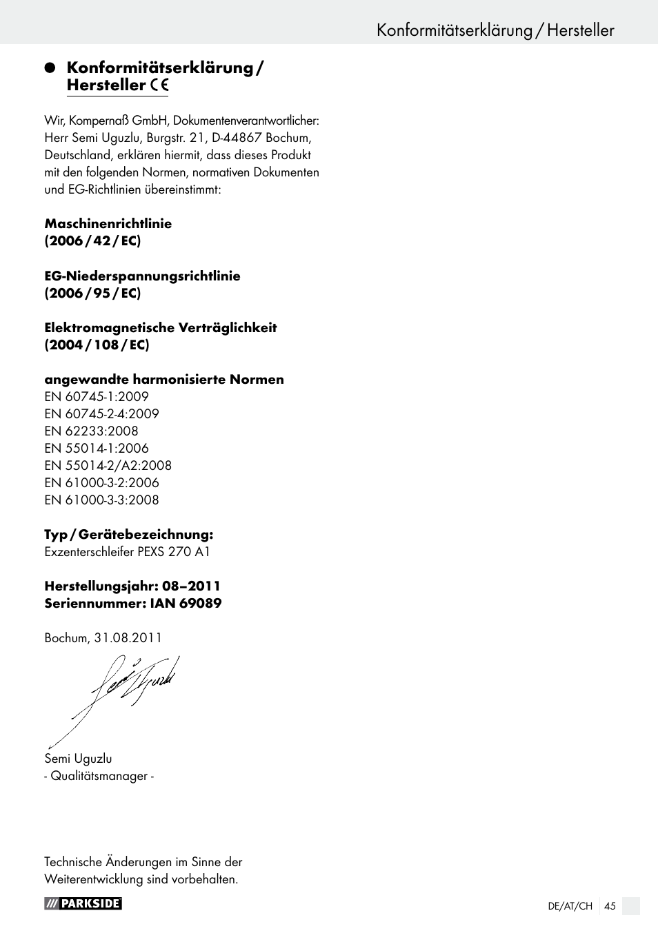 Konformitätserklärung / hersteller | Parkside PEXS 270 A1 User Manual | Page 45 / 46