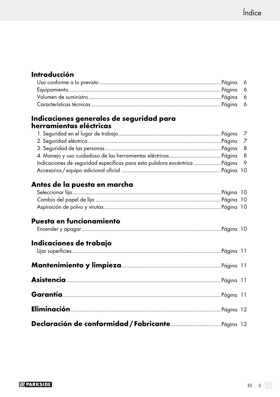Índice | Parkside PEXS 270 A1 User Manual | Page 5 / 46