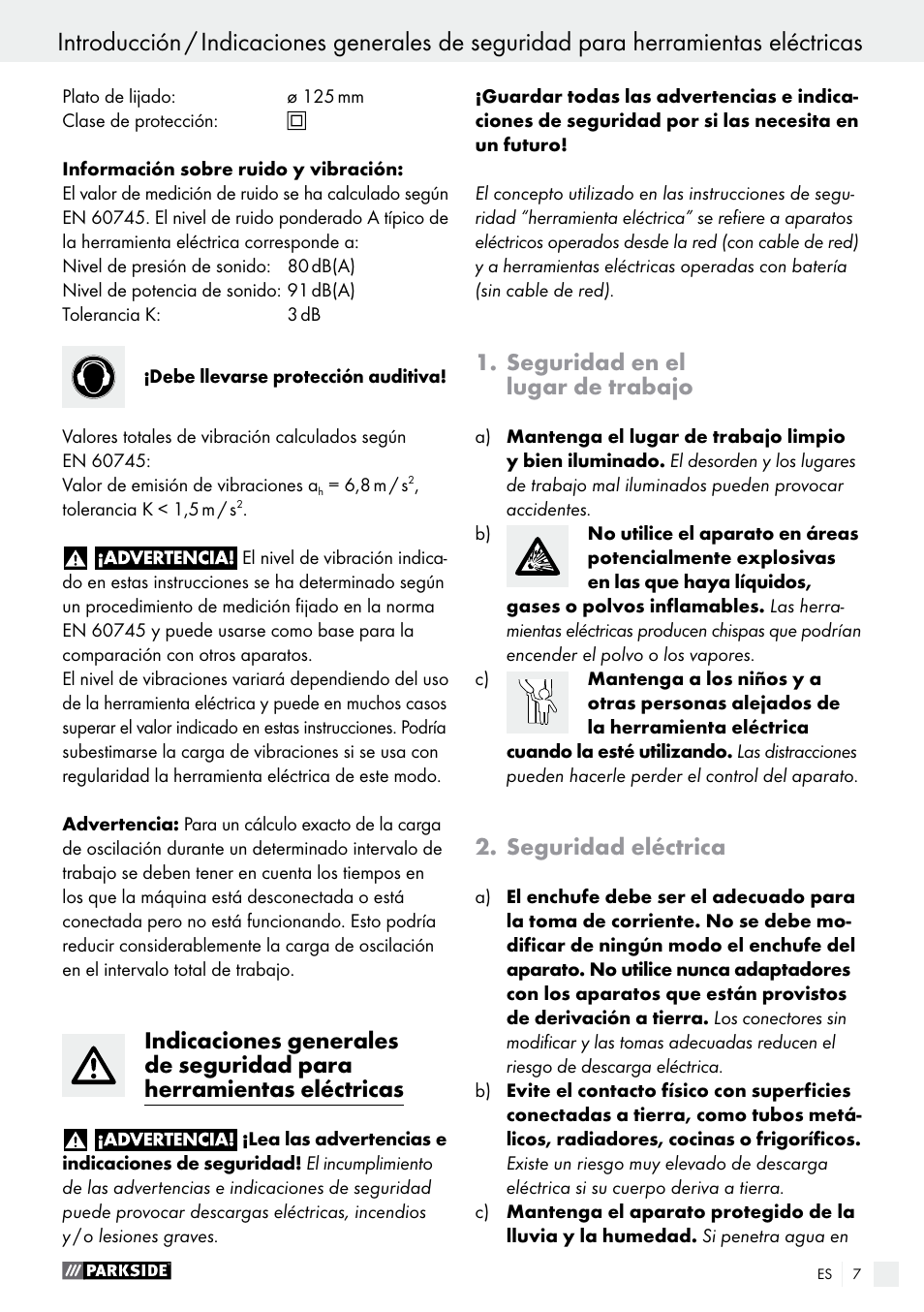 Seguridad en el lugar de trabajo, Seguridad eléctrica | Parkside PEXS 270 A1 User Manual | Page 7 / 46