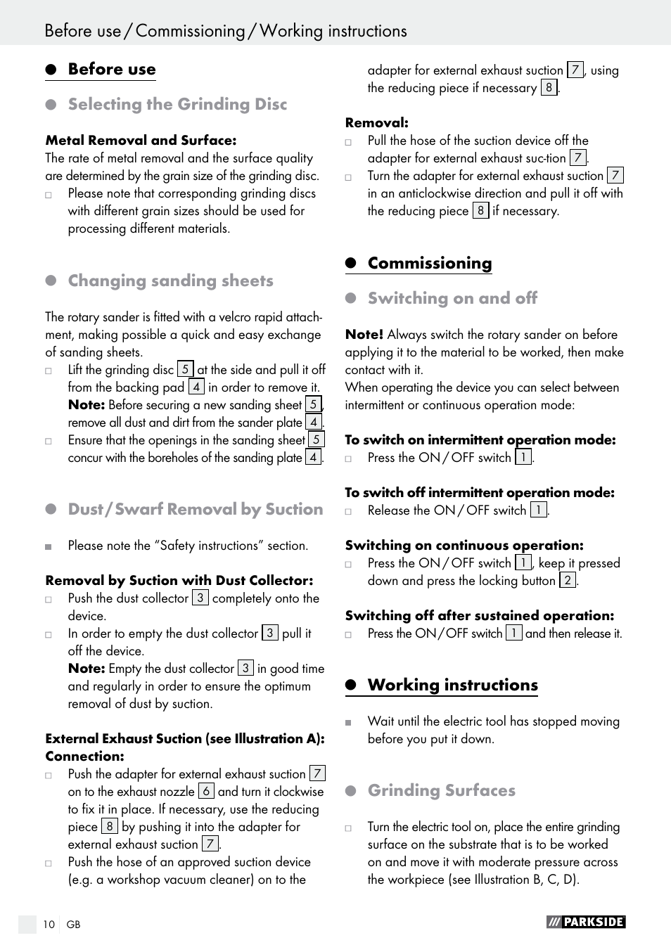Before use / commissioning / working instructions, Before use, Selecting the grinding disc | Changing sanding sheets, Dust / swarf removal by suction, Commissioning, Switching on and off, Working instructions, Grinding surfaces | Parkside PEXS 270 A1 User Manual | Page 10 / 66