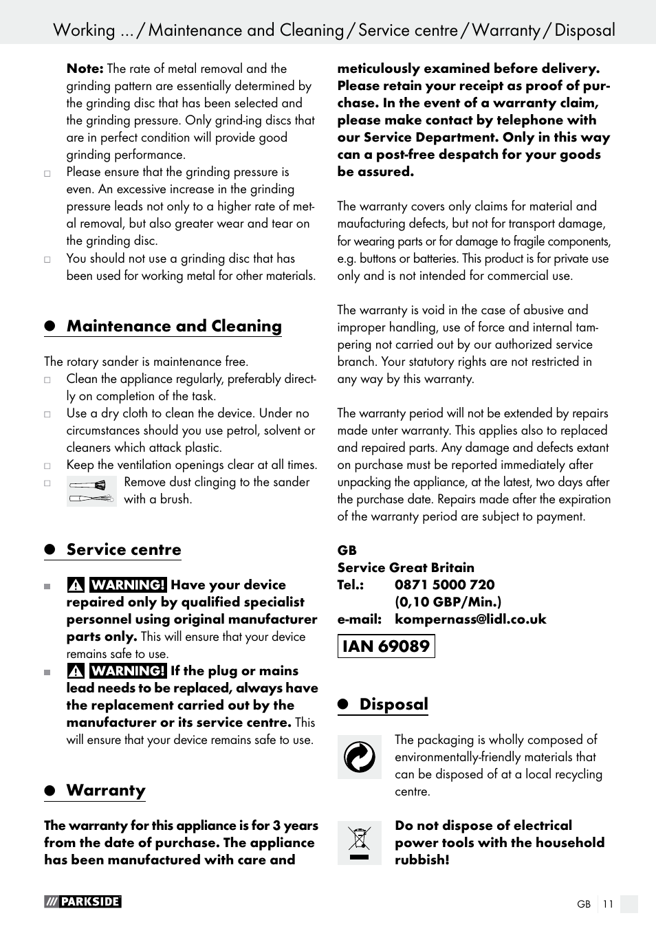 Maintenance and cleaning, Service centre, Warranty | Disposal | Parkside PEXS 270 A1 User Manual | Page 11 / 66