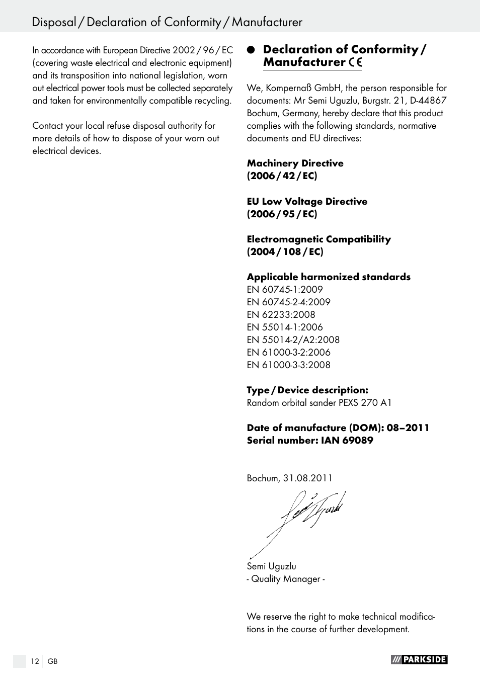 Parkside PEXS 270 A1 User Manual | Page 12 / 66