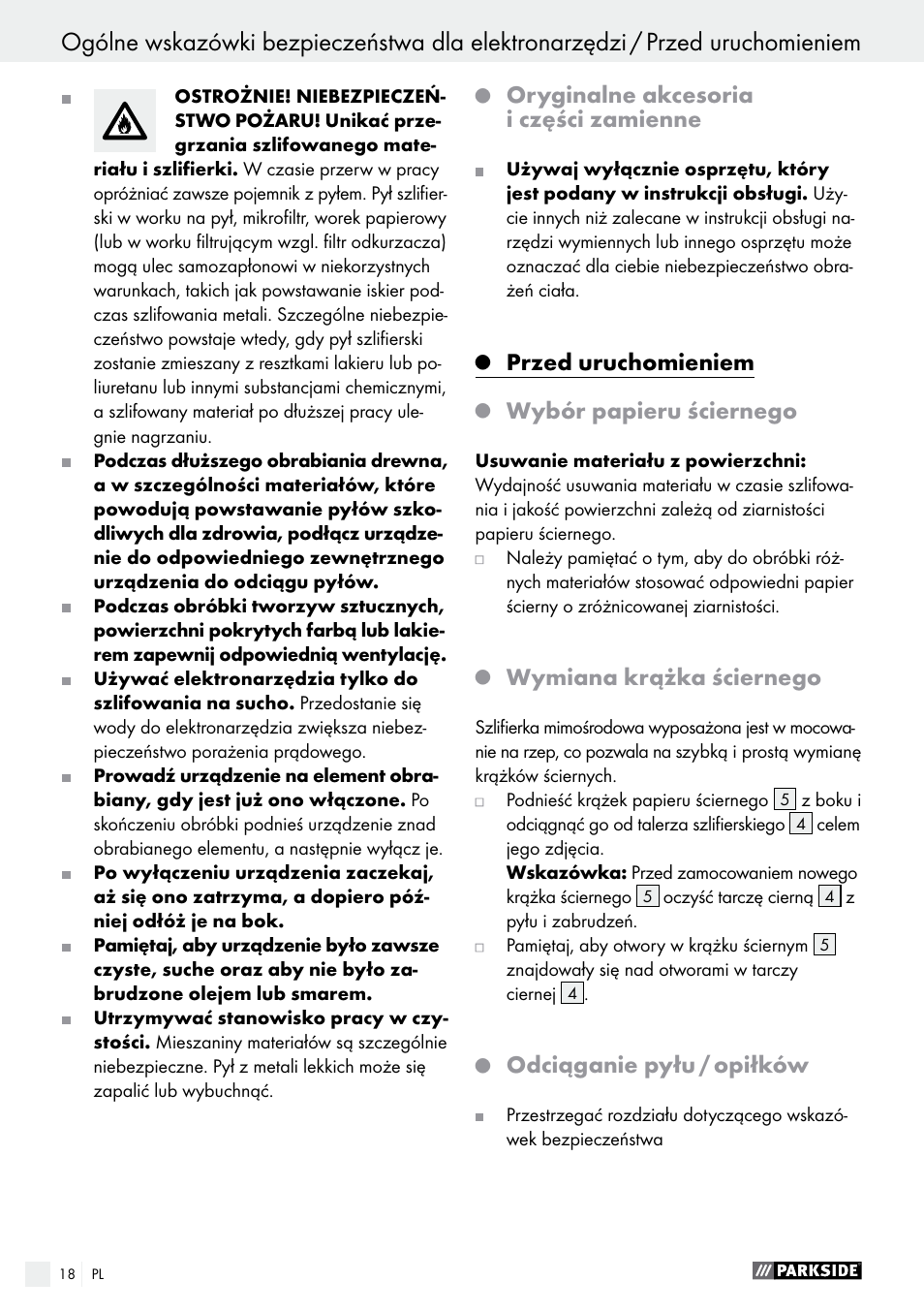 Oryginalne akcesoria i części zamienne, Przed uruchomieniem, Wybór papieru ściernego | Wymiana krążka ściernego, Odciąganie pyłu / opiłków | Parkside PEXS 270 A1 User Manual | Page 18 / 66