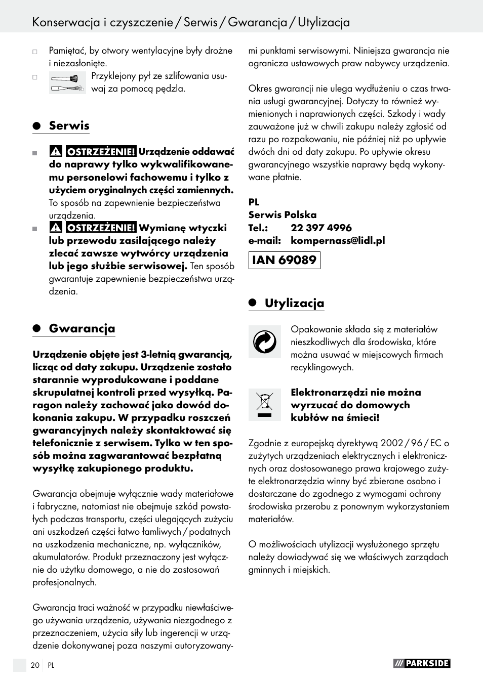 Serwis, Gwarancja, Utylizacja | Parkside PEXS 270 A1 User Manual | Page 20 / 66