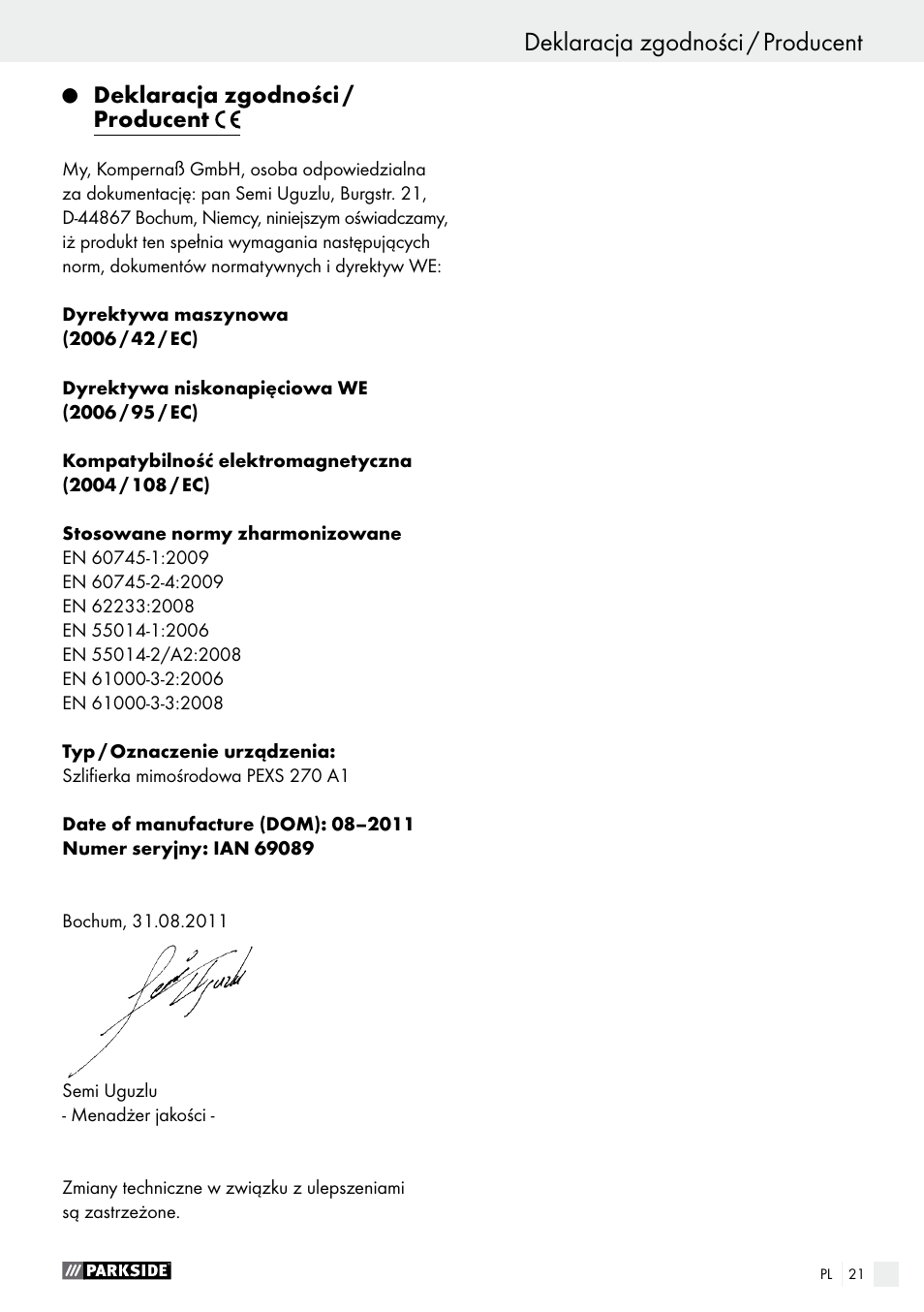 Deklaracja zgodności / producent | Parkside PEXS 270 A1 User Manual | Page 21 / 66