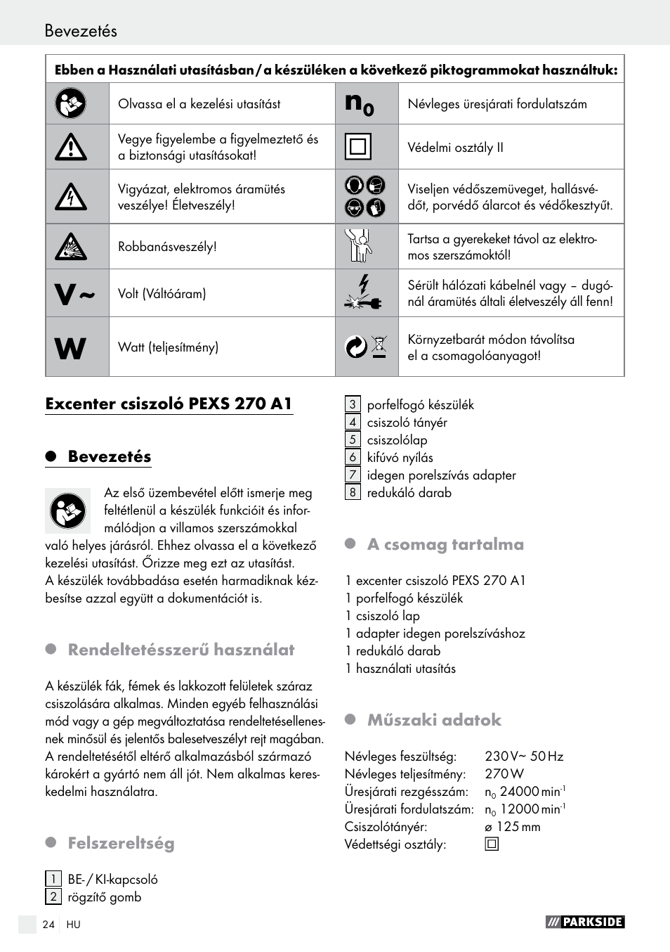 Excenter csiszoló pexs 270 a1, Bevezetés, Rendeltetésszerű használat | Felszereltség, A csomag tartalma, Műszaki adatok | Parkside PEXS 270 A1 User Manual | Page 24 / 66