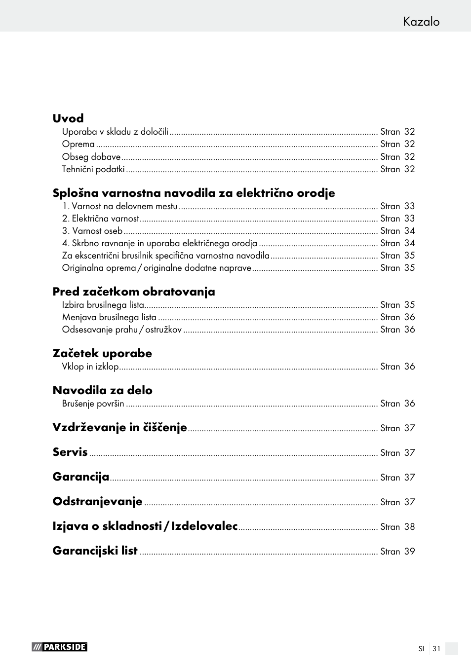 Kazalo | Parkside PEXS 270 A1 User Manual | Page 31 / 66
