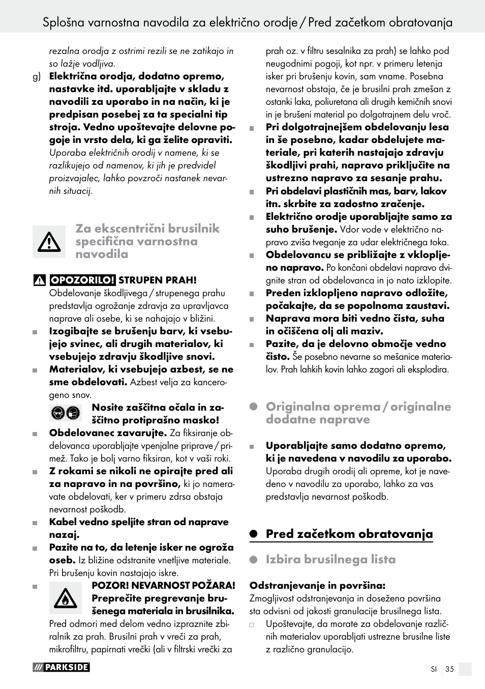 Originalna oprema / originalne dodatne naprave, Pred začetkom obratovanja, Izbira brusilnega lista | Parkside PEXS 270 A1 User Manual | Page 35 / 66
