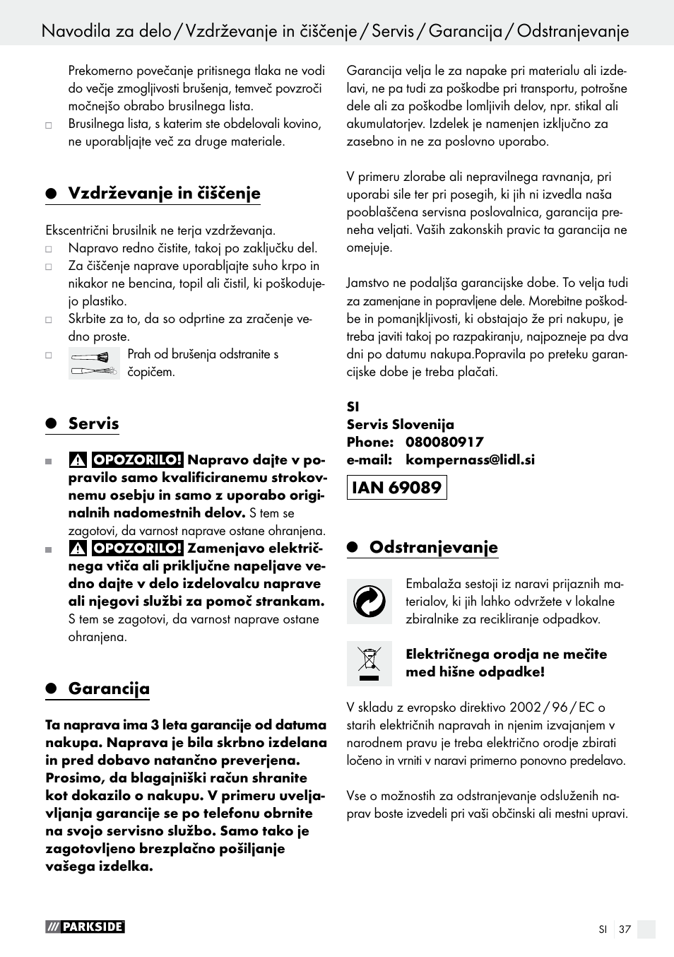 Vzdrževanje in čiščenje, Servis, Garancija | Odstranjevanje | Parkside PEXS 270 A1 User Manual | Page 37 / 66