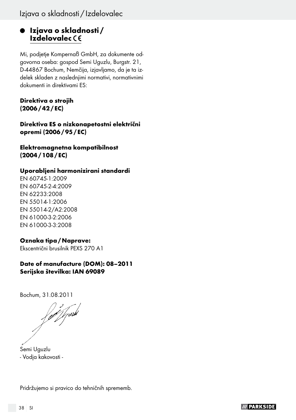 Izjava o skladnosti / izdelovalec | Parkside PEXS 270 A1 User Manual | Page 38 / 66