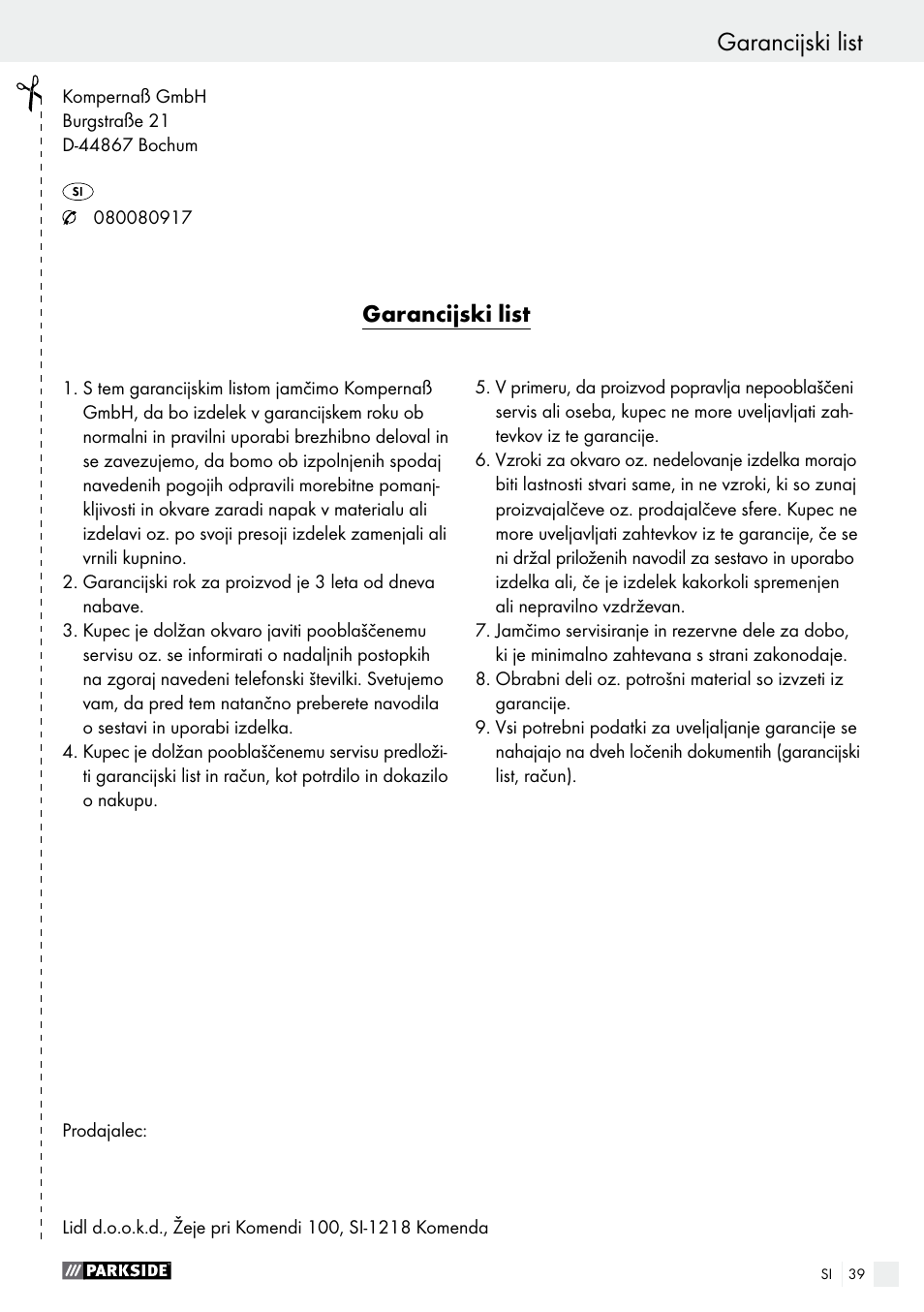 Garancijski list izjava o skladnosti / izdelovalec, Garancijski list | Parkside PEXS 270 A1 User Manual | Page 39 / 66