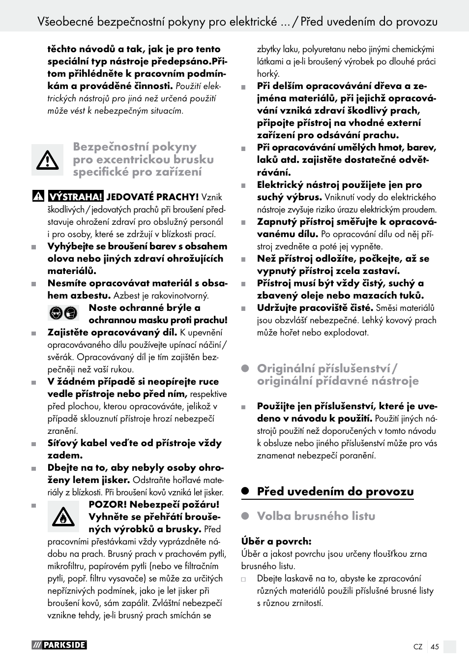 Před uvedením do provozu, Volba brusného listu | Parkside PEXS 270 A1 User Manual | Page 45 / 66